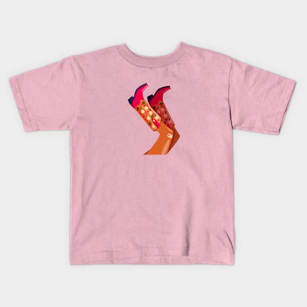 Woman legs with cowboy boots decorated with flowers. Cowgirl with cowboy boots. American western theme. Colorful vibrant vector illustration. Kids T-Shirt by BlueLela